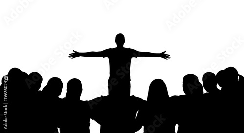 Silhouette of a man standing out from a crowd with arms outstretched.