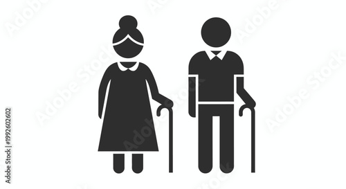 Two elderly individuals walking together with canes in a simple silhouette illustration.
