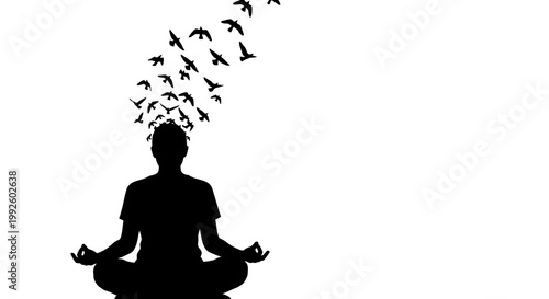 Person meditating with birds flying out.
