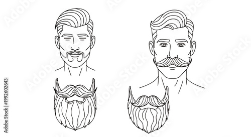 Illustrated portraits and facial hair styles of a man in sketches.