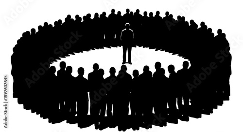 A man stands alone in a crowd.