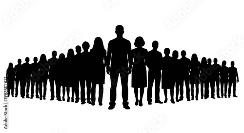 Silhouette of diverse group of people standing together.