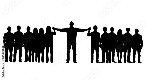 Silhouette of diverse group standing together.