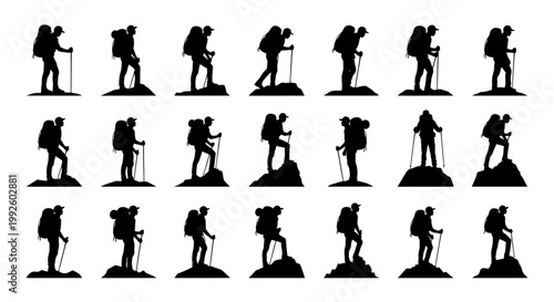 Rows of silhouetted hikers with backpacks trekking along a trail in outdoor scenery.