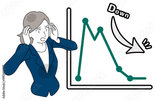 Businesswoman holding head over declining sales graph illustration