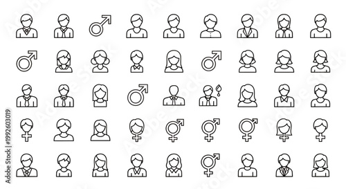 Collection of simple outline icons depicting diverse office and social scenes with multiple people.