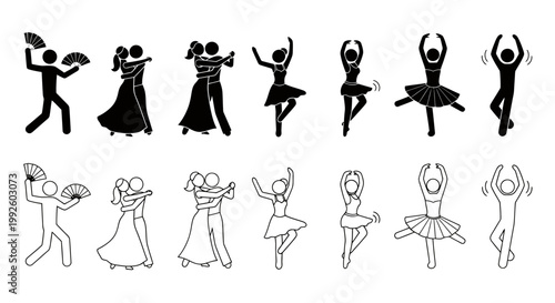 Silhouetted Dancing Figures in Various Poses Across Two Rows for a Dynamic Group Performance.