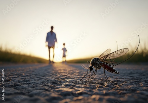 Family walking on beach at sunset with large mosquito in foreground