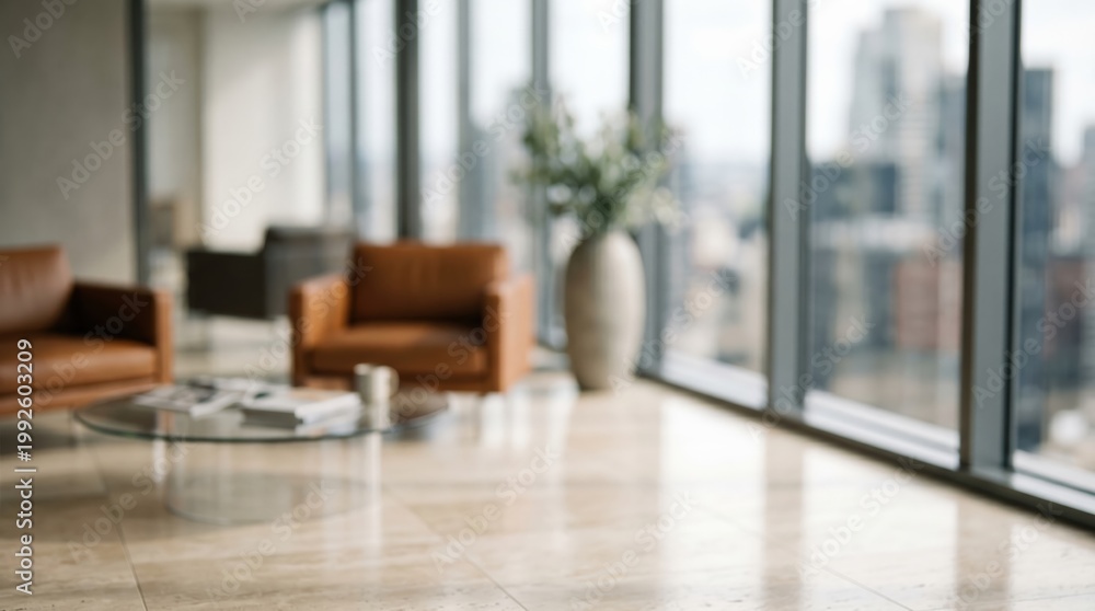 Fototapeta premium Blurry modern office interior with leather furniture and city view background. Professional corporate workspace backdrop for business presentations and web design.