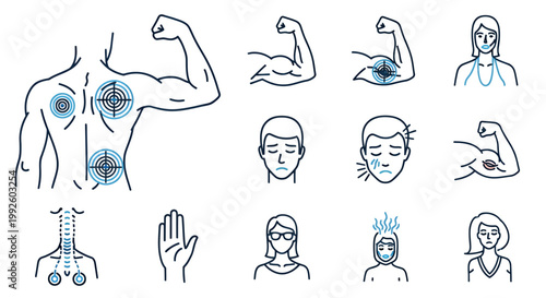 Scientific sketches and anatomy diagrams showing human figures, limbs, and facial features in clinical style.