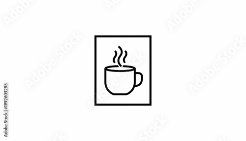 Minimalist line art icon of a steaming hot cup of coffee or tea in a square frame.