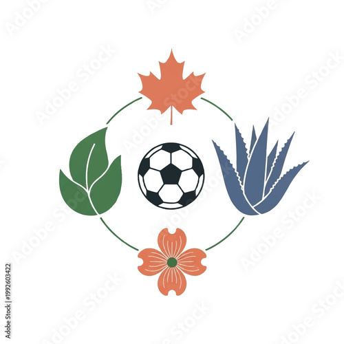 A minimalist circular wreath composed of a stylized maple leaf, a sharp agave plant, and a dogwood flower, all surrounding a simple soccer ball in the center. Earthy tones of forest green,