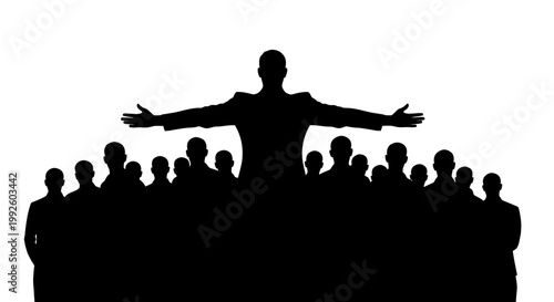 Silhouette of a man standing out from a crowd with arms outstretched.