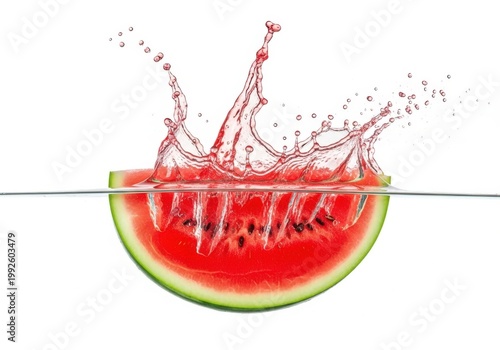 Fresh watermelon slice with vibrant red juice splash on white background
