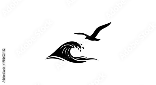 Black silhouette of a seagull flying over ocean wave.