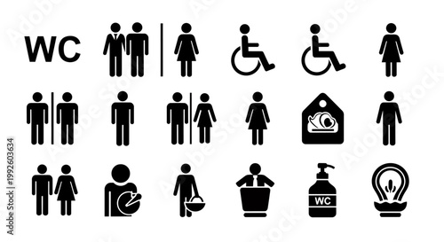 Set of accessibility and public restroom icons including WC signs and disability symbols for graphic resources.