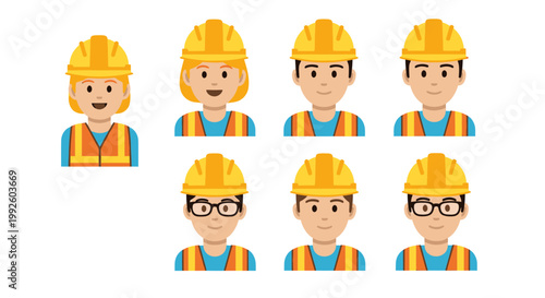 Group of construction workers wearing safety gear and helmets, smiling together.