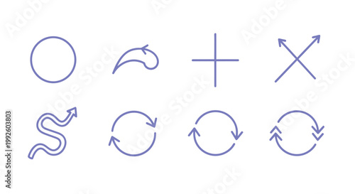 Set of simple vector line icons including circle, leaf, cross, arrows, and circular arrow motifs.