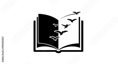 Open book with flying birds illustration.