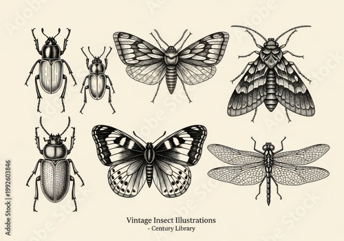 vintage insect illustrations set with beetles and butterflies in black and white
