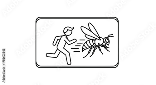 Man Running Away from Giant Bee Icon, Danger, Fear, Insect Attack, Warning Sign