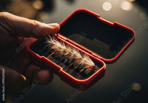 Hand holding open red fishing tackle box with artificial lures and feathers