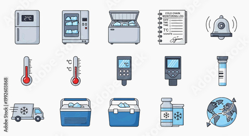 The illustration depicts various industrial and scientific devices in a laboratory setting with equipment.