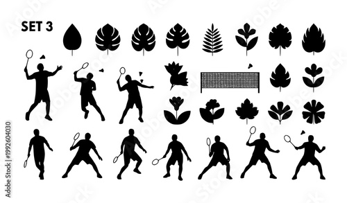 Badminton player silhouette set man smash serve action poses vector eps10