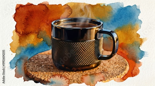 Steaming Black Coffee in a Stylish Mug on a Rustic Surface