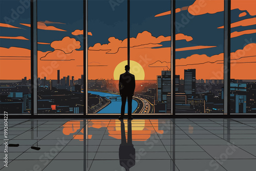 Person stands at a window overlooking a city skyline during sunset with oranges and blues in the sky while shadows cast on the floor