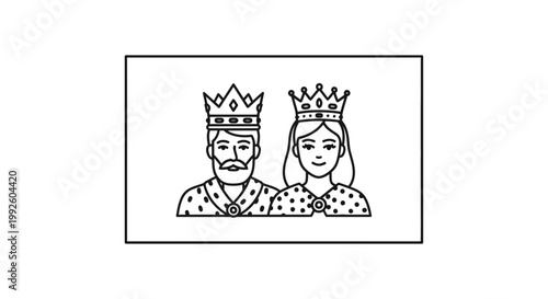 King and Queen Line Art Icon: Royal Couple with Crowns, Elegant Simple Design