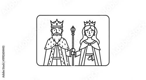 King and Queen Line Art Icon: Royal Couple with Crowns and Scepter