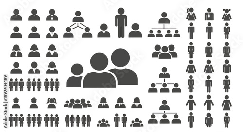 Collection of people silhouettes icons forming groups, crowds, and community representations.