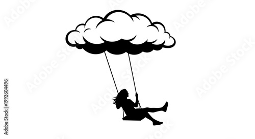 A silhouette of a girl swinging on cloud.