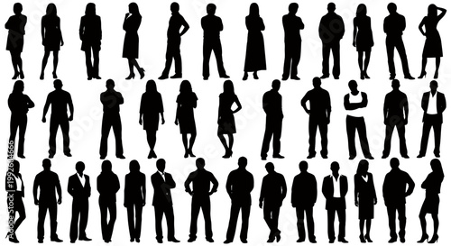 Diverse silhouettes of people in motion and at rest along a bustling street.