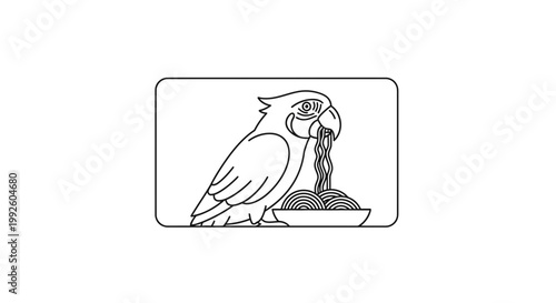 Funny Parrot Eating Spaghetti from Bowl, Line Art Illustration
