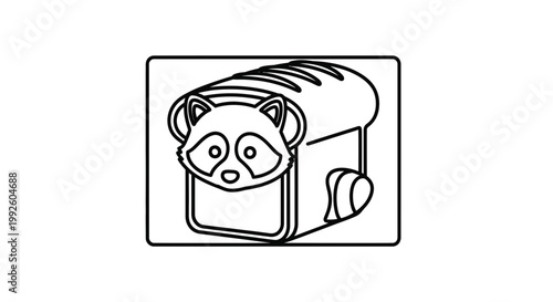 Funny Raccoon Head Popping Out of a Loaf of Bread - Outline Illustration