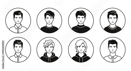 Set of circular avatar portraits showing diverse individuals in monochrome line art.