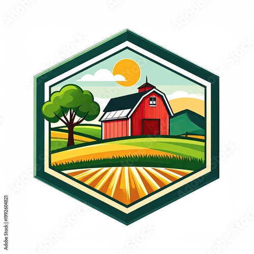 Colorful illustration of a red barn in a field with a rising sun