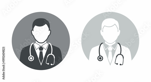Pair of medical professionals illustrated as doctor icons with stethoscopes in circular avatars.