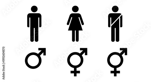 Group of gender icons showing male and female figures with symbolic signs in a simple infographic style.