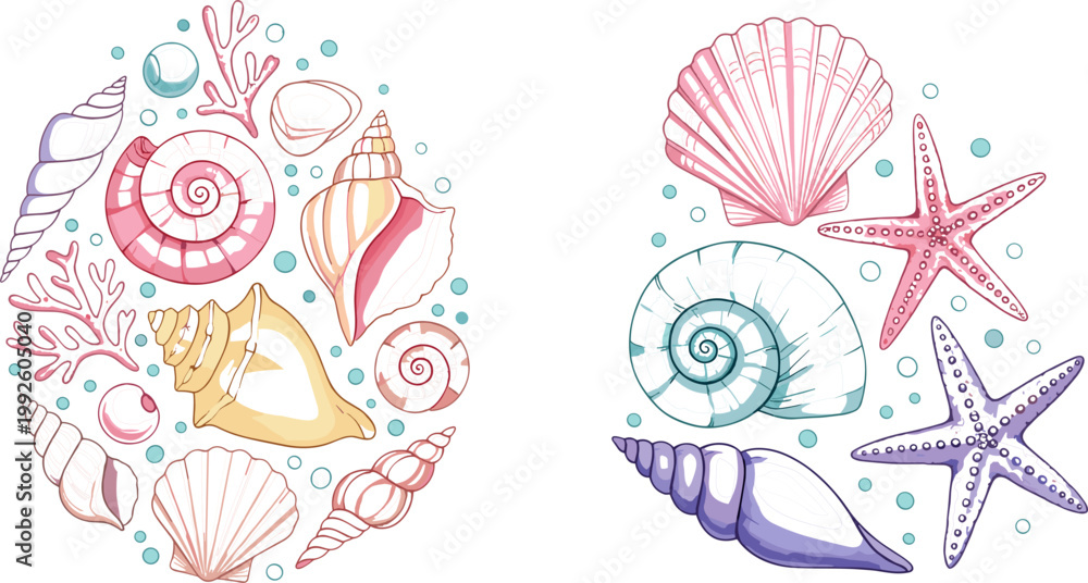 Fototapeta premium Colorful Sea Shell Starfish and Coral Collection Set with Nautilus Scallop and Ocean Element for Marine Beach Design