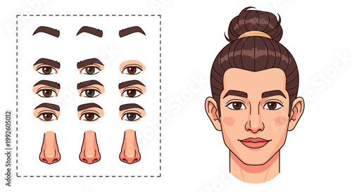 Illustrated facial features and complete portrait head with separate eyes, nose, mouth, and brows for character design.
