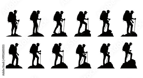 Sequence of hiker silhouettes with backpacks in a trekking scene.