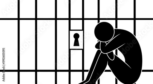 Silhouetted figure behind jail bars expressing imprisonment and isolation in a monochrome illustration.