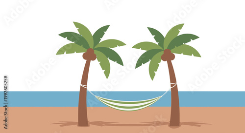 Tropical Beach Vacation with Two Palm Trees and a Hammock for Relaxation
