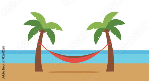 Tropical Beach Palm Trees with Red Hammock for Relaxing Vacation Scene