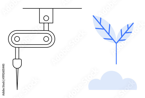 Sustainable agriculture, advanced technology, automation, robotics, farming innovation, eco-friendly solutions. Robotic arm next to a sprouting plant and cloud. Sustainable agriculture and advanced