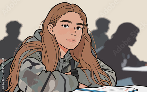 Girl sitting in classroom with long hair and gray hoodie during a school day