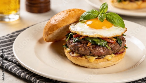 Close-up of a delicious fusion beef burger topped with a sunny-side-up fried egg and fresh Thai basil leaves, served on a white plate. Professional food photography